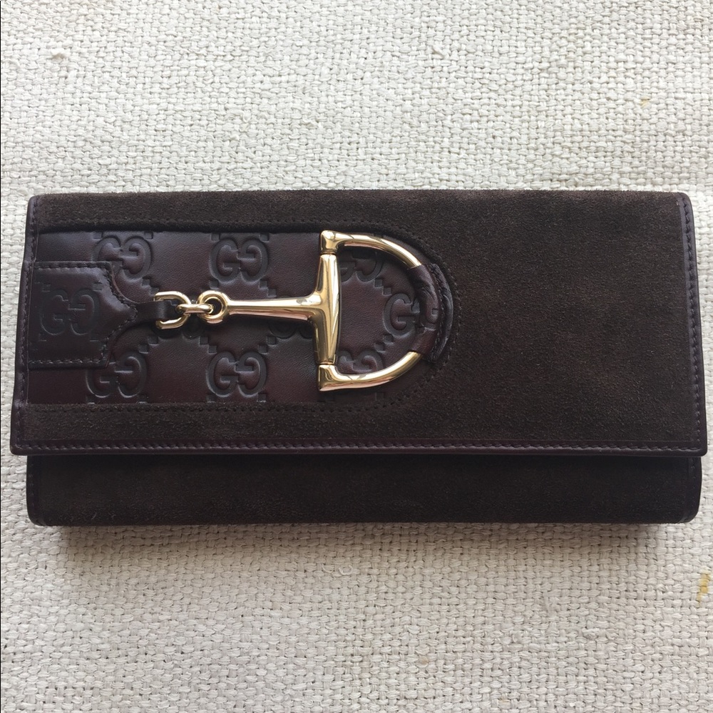Gucci Dark Brown Suede & Embossed Leather Wallet with Gold Horsebit